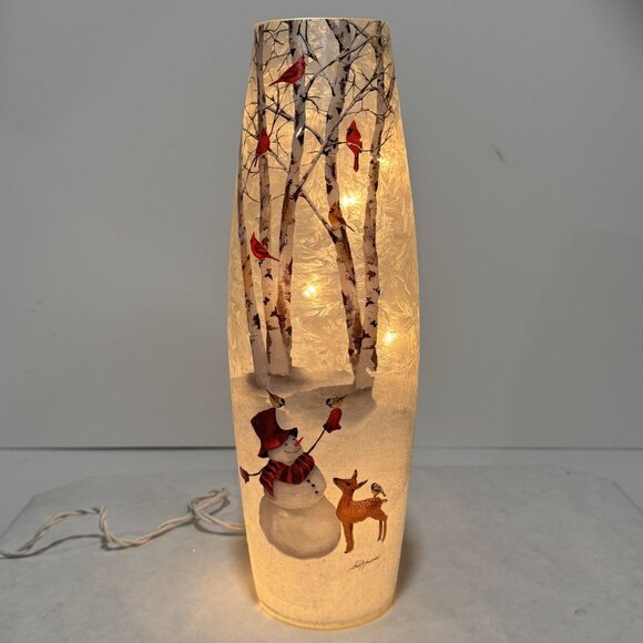 Stony Creek Lighted Glass Snowman Vase 12" Cardinals Deer Winter Scene BFX8209 - Picture 1 of 12